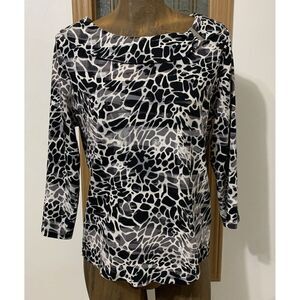 Rafaella Black and White Print Cotton Top, Large, Round Boat Neck
